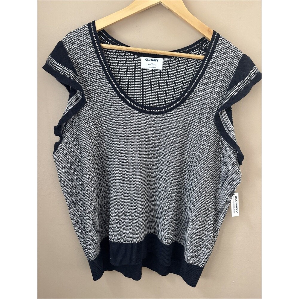 Old Navy Knit Tank Top Womens XXL Black White Flutter Sleeve Blouse